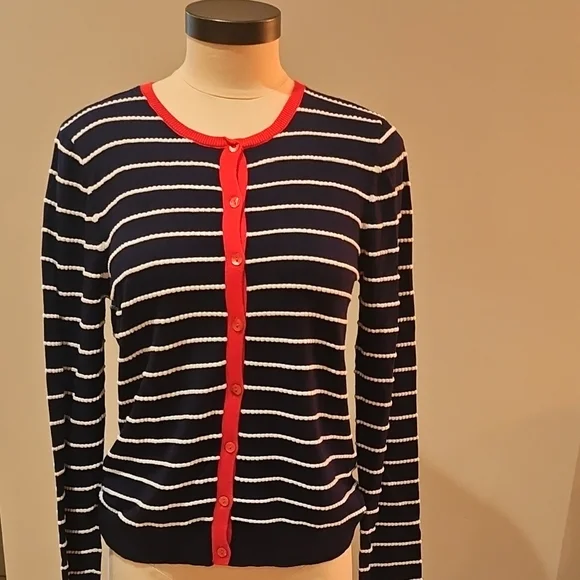 August Silk Navy and Red Striped Cardigan - Picture 1 of 3
